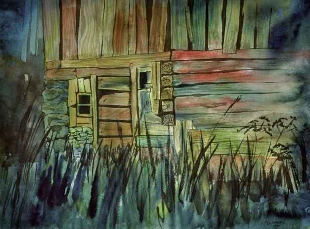 'Stiller Stall im Mondschein' (Lugnez)  Aquarell 34x46cm  Till Strassen 1994